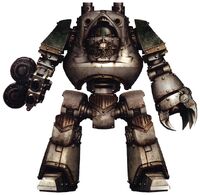 Contemptor Dreadnought Ancient Skorrvall of the Death Guard Legion armed with a set of twin-linked Heavy Bolters and a Dreadnought Close Combat Weapon