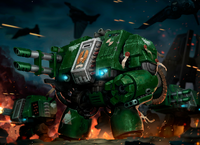 A Mark V Castraferrum Dreadnought of the Dark Angels Chapter in combat, he is armed with a set of twin-linked Lascannons and a Dreadnought Close Combat Weapon.