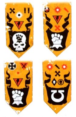 Examples of House Hawkshroud banners showing their house arms and the insignia of their allies