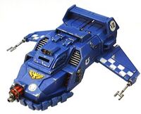 A Land Speeder Tempest of the Ultramarines Chapter, left-side view.