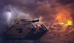 Malcador Heavy Battle Tanks advance across no-man's land during the 