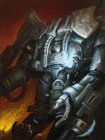 A Grey Knights Nemesis Dreadknight stands ready to do battle with the daemonic forces of Chaos.