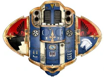 Knight Crusader Unbowed (top view). Note: Paired stripes upon the carapace mark Artemidorus as a baron of House Terryn, while his further elevated rank can be discerned from the cream-coloured crenelated line atop his tilting plate -- the honourable symbol borne only by the Herald.