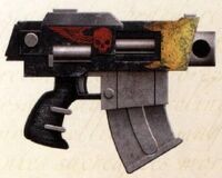 Ancient Umbra Pattern Bolt Pistol utilised by a Word Bearers Apothecary. Note: Crimson-coloured winged-skull designates that this weapon is utilised for granting the Emperor's Peace.