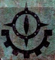 The "Eye of Horus" and half cogwheel icon which saw extensive use amongst the Dark Mechanicum elements operating directly under Warmaster Horus' command, and was intentionally isolated from the influence of Kelbor-Hal and the Traitor Martian Synod.