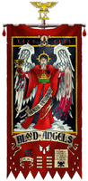 The Blood Angels Chapter Banner as a vexillum; the banner staff commemorates the Blood Angels' origin as the original IX Legion of Space Marines of the First Founding.