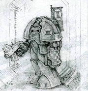 Earliest depiction of a Space Marine arrayed in early pattern Terminator Armour in a sketch by concept designer Jes Goodwin (ca. 1988). Many of the design elements of this rendering can be seen in the present iteration of Saturnine Pattern Terminator Armour.