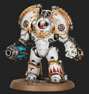 A Veteran Legionary of the White Scars Legion arrayed in Saturnine Terminator Armour and armed with a Plasma Bombard and Saturnine Disruption Fist.