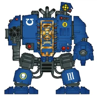Dreadnought Brother Ferox. The pilot's name is picked out in scrollwork on the sarcophagus. Numerals on the armour plating denote that Brother Ferox is the 3rd Dreadnought assigned to the 2nd Company.
