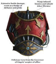 The breastplate of Huron Blackheart's Armour of Pride after his fall to Chaos; it was a suit of heavily-customised Terminator Armour rebuilt following his near-death on Badab Primaris.