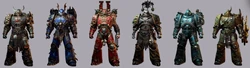 From left to right, Chaos Space Marines of the , , , ,  and the  in relic Chaos Armour as depicted in .