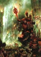 A Word Bearers Dark Apostle oversees a procession of his slaves