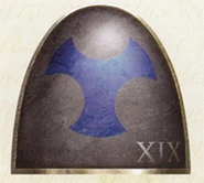 Ultramarines Legion Destroyer Squad variant shoulder plate; the Ultramarines observed the common, although not universal, Legiones Astartes convention of adorning their Destroyer units with heraldry of black.