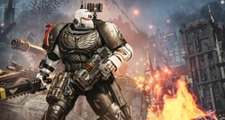 A Raven Guard   officer in  with a modified  helm, wielding a  and a , as depicted in .