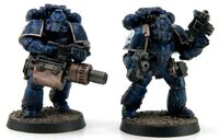 A pair of Night Lords Legion Destroyer Squad members bearing the weapons of their trade