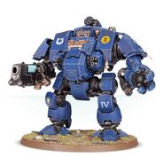 A Redemptor Dreadnought of the Ultramarines outfitted with Macro Plasma Incinerator, Redemptor Fist, Icarus Rocket Pod (above head), 2 Storm Bolters (in torso) and Onslaught Gatling Cannon (below Redemptor Fist)