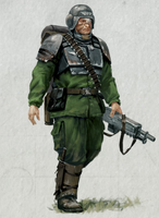 The green uniform of the Cadian 717th "Huntsmen" is supplemented by stark grey armour plates on the upper torso