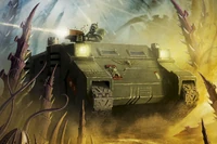 A Rhino of the Deathwatch in combat against the Tyranids