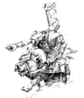 An Imperial illistration of an Ork Nob riding upon a Cyboar