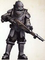 Auxiliary of the 905th Solar Auxilia Cohort (the "Ash Scorpions"). This Auxiliary is equipped with the standard infantry panoply of the Solar Auxilia, including: void-proofed padded undersuit, flexible armour plating and extensive integrated survival equipment