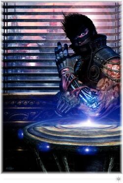 An  citizen of  displays his bionic limb.