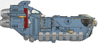 A Stormfang Gunship of the Space Wolves [[Chapter], side view; note that the red markings indicate this craft is the pack leader