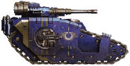 Ancient pict-capture of an Ultramarines Legion Sicaran Battle Tank, Praetorian Prime, assigned to the 16th Chapter's sub-muster during the Calth Conjunction.