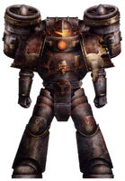 An Iconoclast of the Word Bearers Ashen Circle. Note: Wearing Mk III power armour unique to the Word Bearers Legion