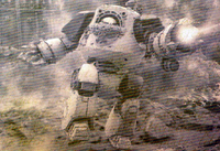 An ancient pict-capture of a World Eaters Legion Contemptor Dreadnought during combat