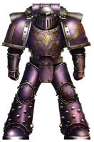 Pre-Heresy Emperor's Children Legionary wearing Mark III Iron Power Armour; note that Iron Pattern Power Armour was only in limited use within the III Legion by specialised units; this Astartes' complex personal heraldry is also displayed