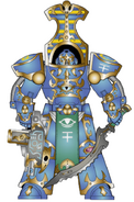 A Tizcan Host Sekhmet Scarab Occult Terminator; the numerical sigil worn on the tabard and shoulder of Holy Xepthis denotes him as the fifth of his name.