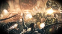 Imperial Fists Astartes in battle with the Tyranids.