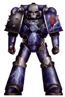 Pre-Heresy Night Lords Legionary wearing Mark IV Maximus Pattern Power Armour; note the fetishes and adornments to the armour, designed to evoke both fear and revulsion