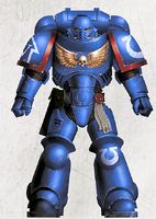 The Ultramarines Chapter Colour Scheme as displayed by a Primaris Space Marine in Mark X Tacticus Power Armour, Battle-Brother Adrias, 3rd Company, 4th Squad (battleline).