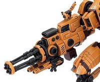 A Heavy Burst Cannon mated with underslung twin-linked Plasma Rifles mounted on the arm of an XV104 Riptide Battlesuit