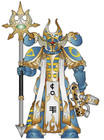 Magister Adrovar Nacaoth, a Thousand Sons Chaos Sorcerer; note that he hails from the pyromancy school, as attested to by the stylised flames on his tabard