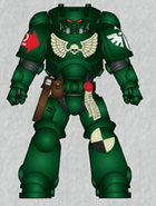 Primaris Space Marine of the Dark Angels' 5th Company, 2nd Tactical Squad (battleline) in Mark X Tacticus Power Armour.