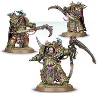 A trio of Deathshroud Chaos Terminators arrayed in corrupted Cataphractii Pattern Terminator Armour, wielding their Chaos-infused Manreaper battle-scythes