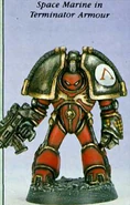 Early Space Marine Terminator Armour miniature (ca. 1989); this early iteration of Terminator Armour provided the model for Saturnine Terminator Armour.
