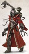 A Heretek of the Dark Mechanicum, showing the beginning of extensive cybernetic modifications.