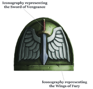 A pauldron of The Protector displaying the Dark Angels Chapter's iconography.