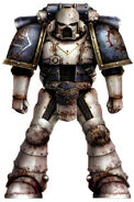 Pre-Heresy World Eaters Tactical Marine in mixed early issue Mark II Crusade Pattern Power Armour with Sarum Pattern respiration mask.