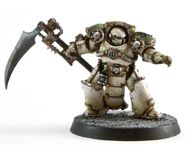 A Deathshroud Terminator in modified Tartaros Pattern Terminator Armour armed with a "Manreaper" at the time of the Horus Heresy.