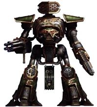 Pre-Heresy colour scheme of the Legio Vulcanum as displayed by the Reaver-class Titan Encroaching Fury.