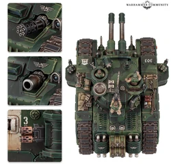 Dorsal view of a Rogal Dorn Battle Tank armed with twin ; to the left, from top to bottom, are close-ups of the tank's , the alternative  and one of its sponson-mounted 
