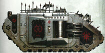 A Steel Brethren Infernal Relic Land Raider Achilles; note the over-painting of the distinctive yellow & black chevrons of the Iron Warriors to show the war machine's new allegiance