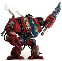 A Blood Angels Librarian Dreadnought armed with a Dreadnought Close Combat Weapon and a Dreadnought Force Weapon.