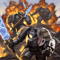 The Grey Knights in battle, their Nemesis Force Weapons activated