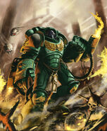 A Salamanders Primaris Space Marine Aggressor of the 3rd Company, the Pyroclasts, aided by a Servo-skull.