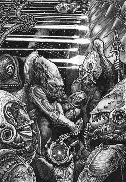 Ancient Aeldari lead their people aboard the  to salvation before the .